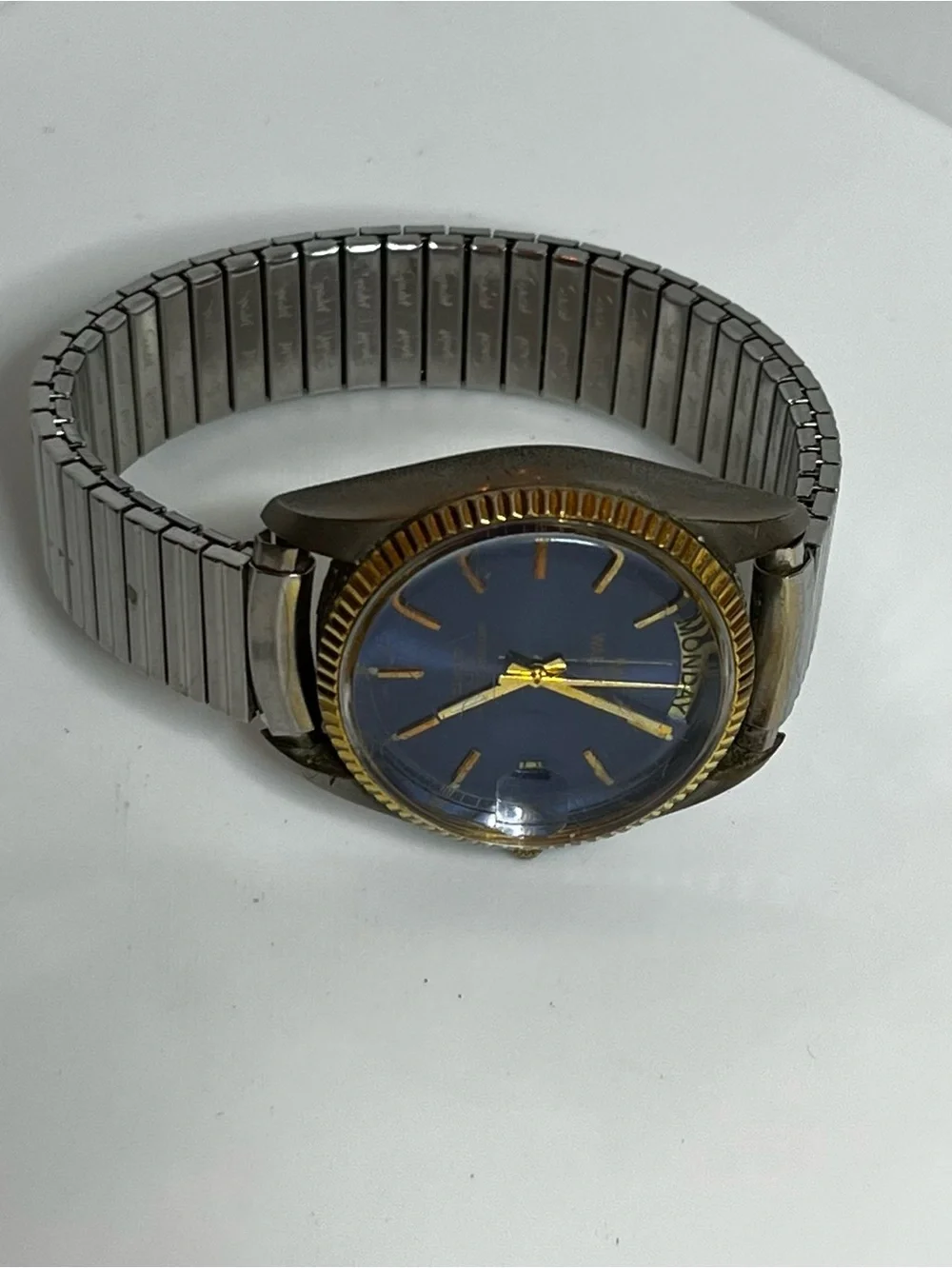Waltham: Vintage Day/Date Watch Blue Face: Scratched Crystal- See Pics New Batt